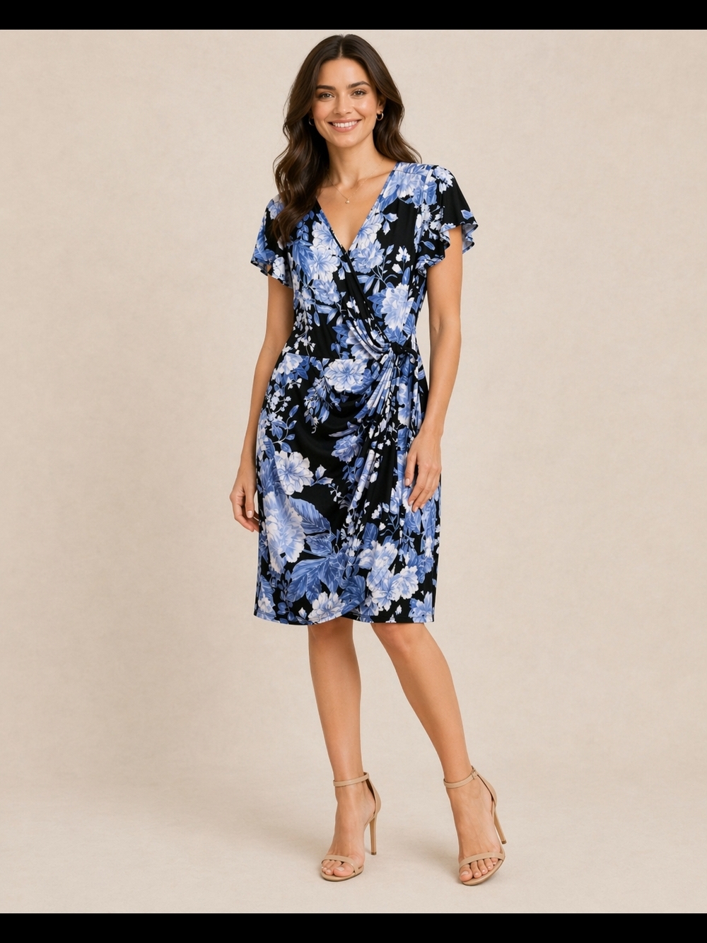 INC International Concepts Navy Blue Floral Faux Wrap Dress M NWOT